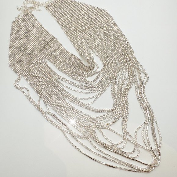 Silver -Tone Rhinestone Pave Waterfall Bib Necklace Multi Strand Chain Collar - Picture 9 of 10